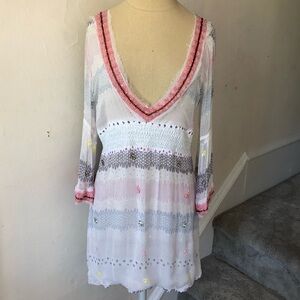 Letarte Silk Bead Sequin Embellished V-Neck Long Sleeve Coverup Dress Size XS